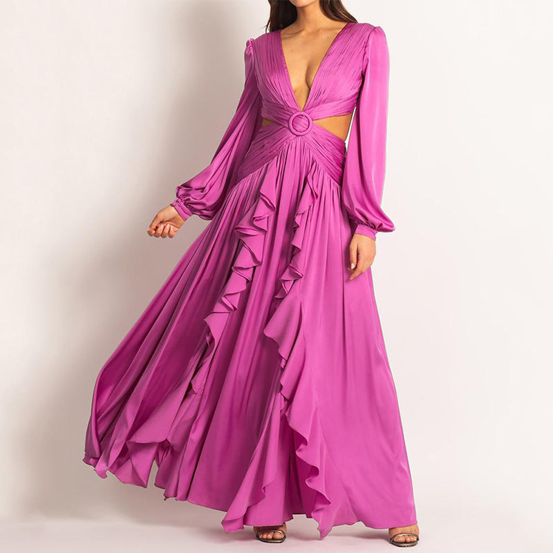 Woman Dress  High Waist V-neck Women Dress Pleated Solid Color Ruffled Dress Dresses For Women