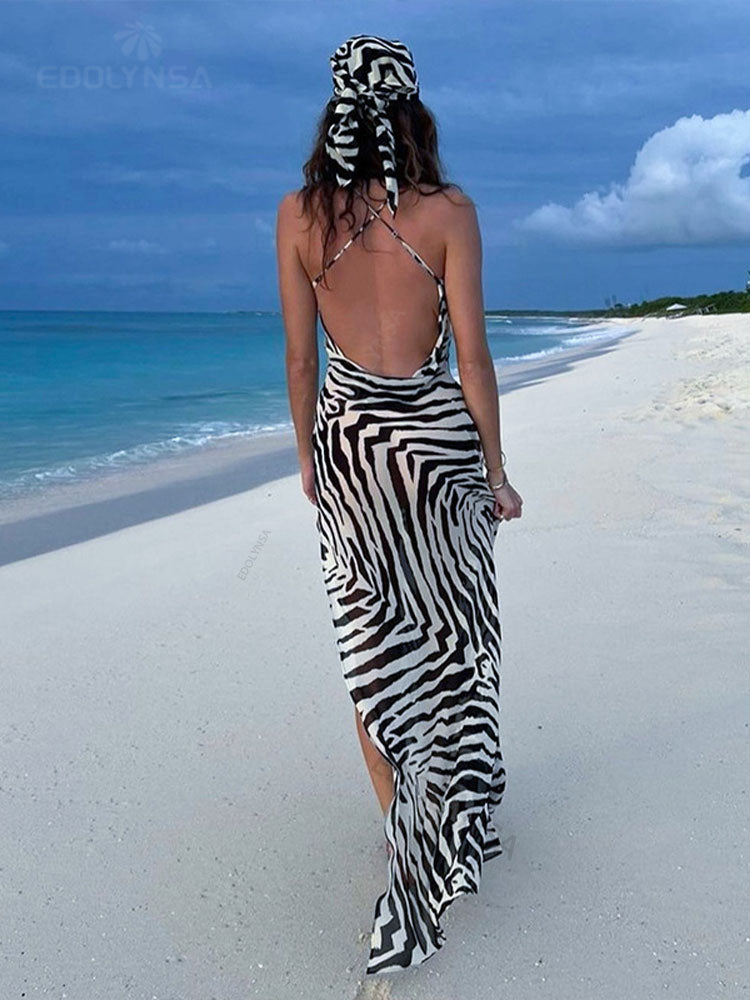 Sexy Spaghetti Strap Side Split Beach Dress Summer Sundress Women Clothes Elegant Zebra Back Open Club Party Dresses A1144